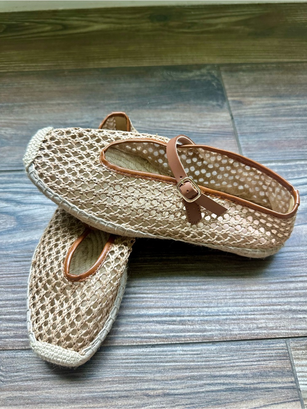 Made-in-Spain woven Mary Jane espadrille flats in faux raffia Brown Tan Fall - Picture 3 of 10